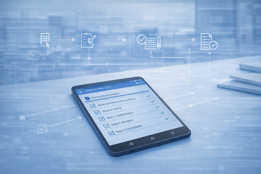 eCOA device used within a structured clinical trial workflow for electronic outcome data collection